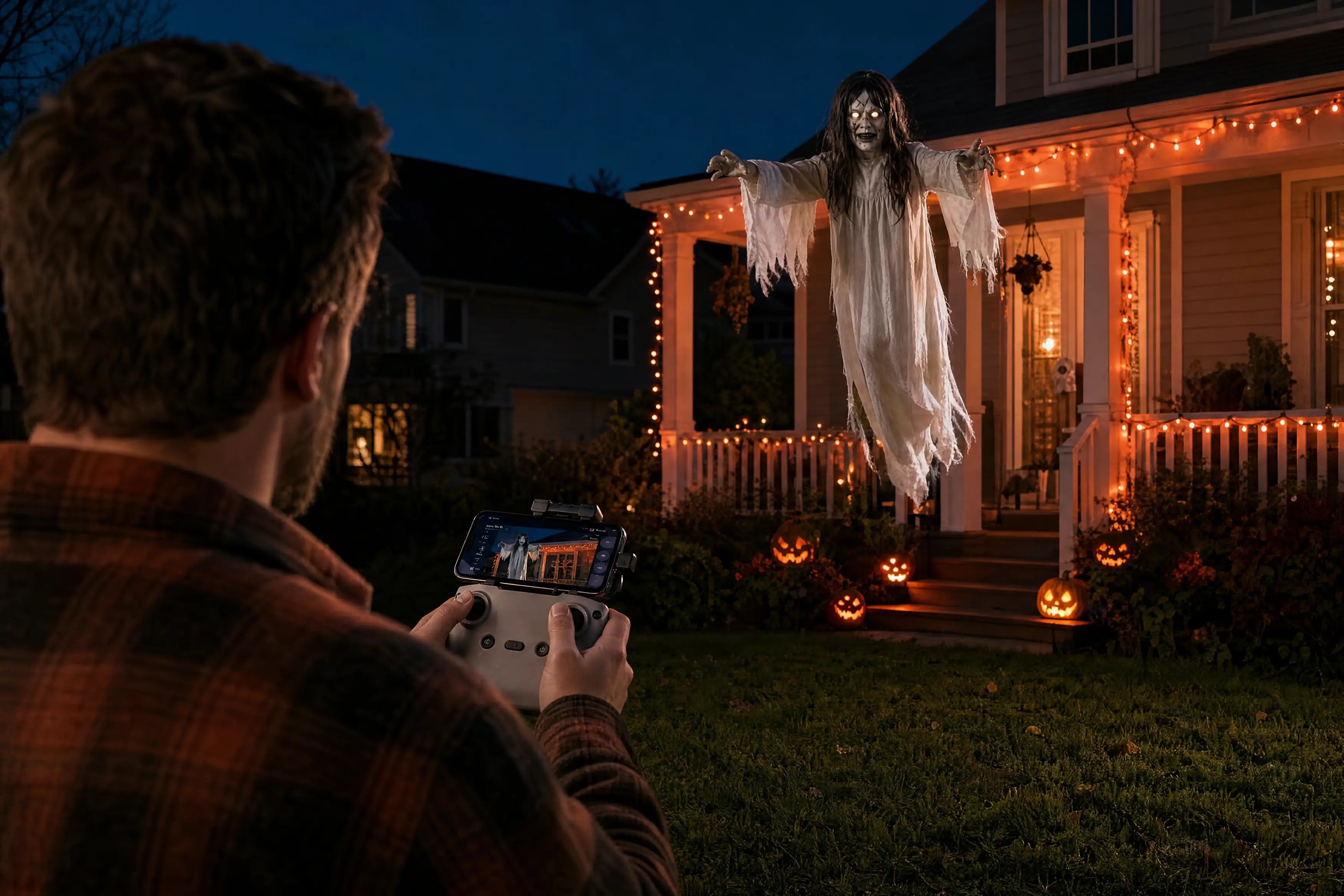Flying Ghost floating over a Halloween garden